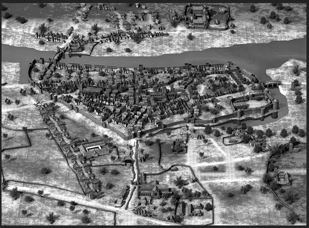 The Poddle approaches Dublin: an impression of the medieval city by Iain Barber, courtesy of the artist