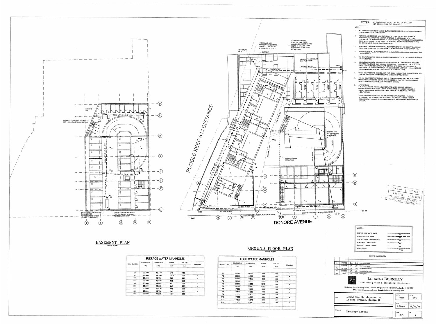 Drainage layout, mixed-use development at Donore Avenue, with the note “Poddle keep 6 m distance”. Drawing C01, Lohan & Donnelly, Dublin City Council planning ref 4156/06, received 21 July 2006.