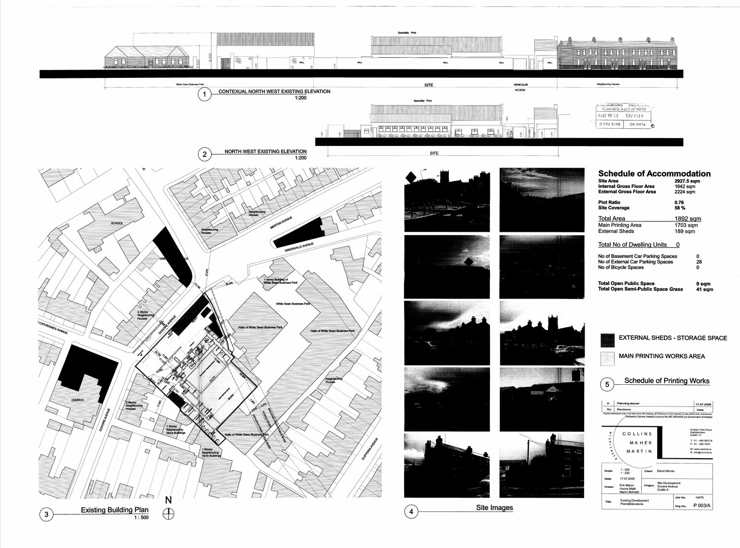 Existing building plan and elevations, Donore Avenue. Drawing P003/A, Collins Maher Martin Architects, 17 July 2006, Dublin City Council planning ref 4156/06.
