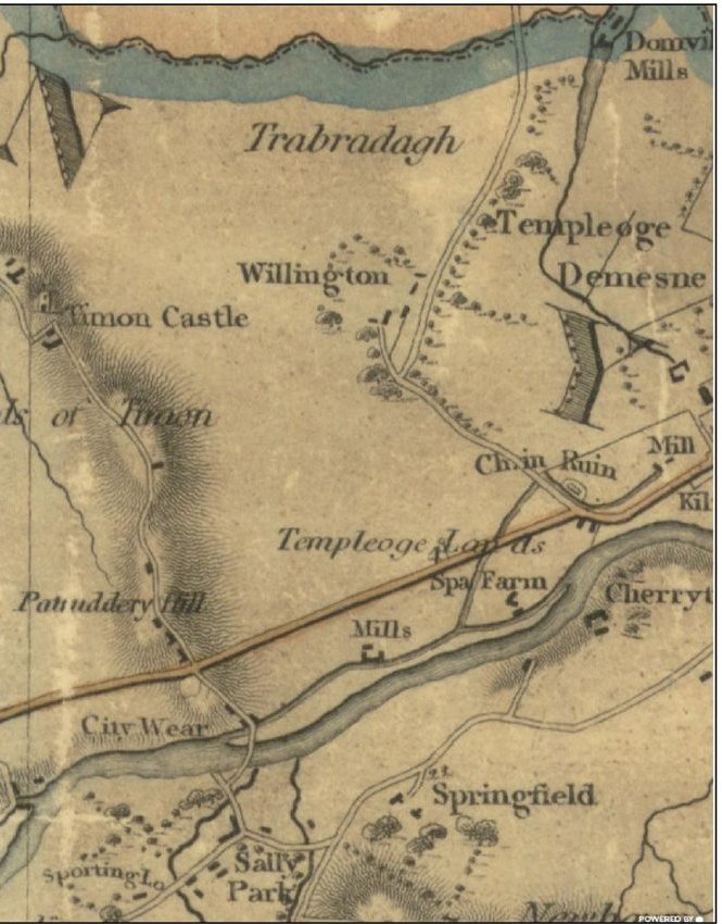 “City Wear” on the Dodder, south of Templeogue, on Duncan’s map of the County of Dublin, 1821. Figure 11-6, EIAR Chapter 11, River Poddle Flood Alleviation Scheme (An Bord Pleanála case 306725).