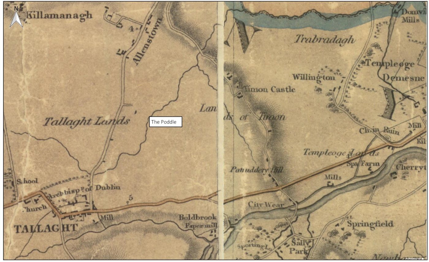 Duncan’s map of the County of Dublin, 1821, showing the Poddle flowing north-east from Tallaght. Figure 11-6. From the River Poddle flood scheme environmental impact assessment report, Chapter 11 (An Bord Pleanála case 306725).