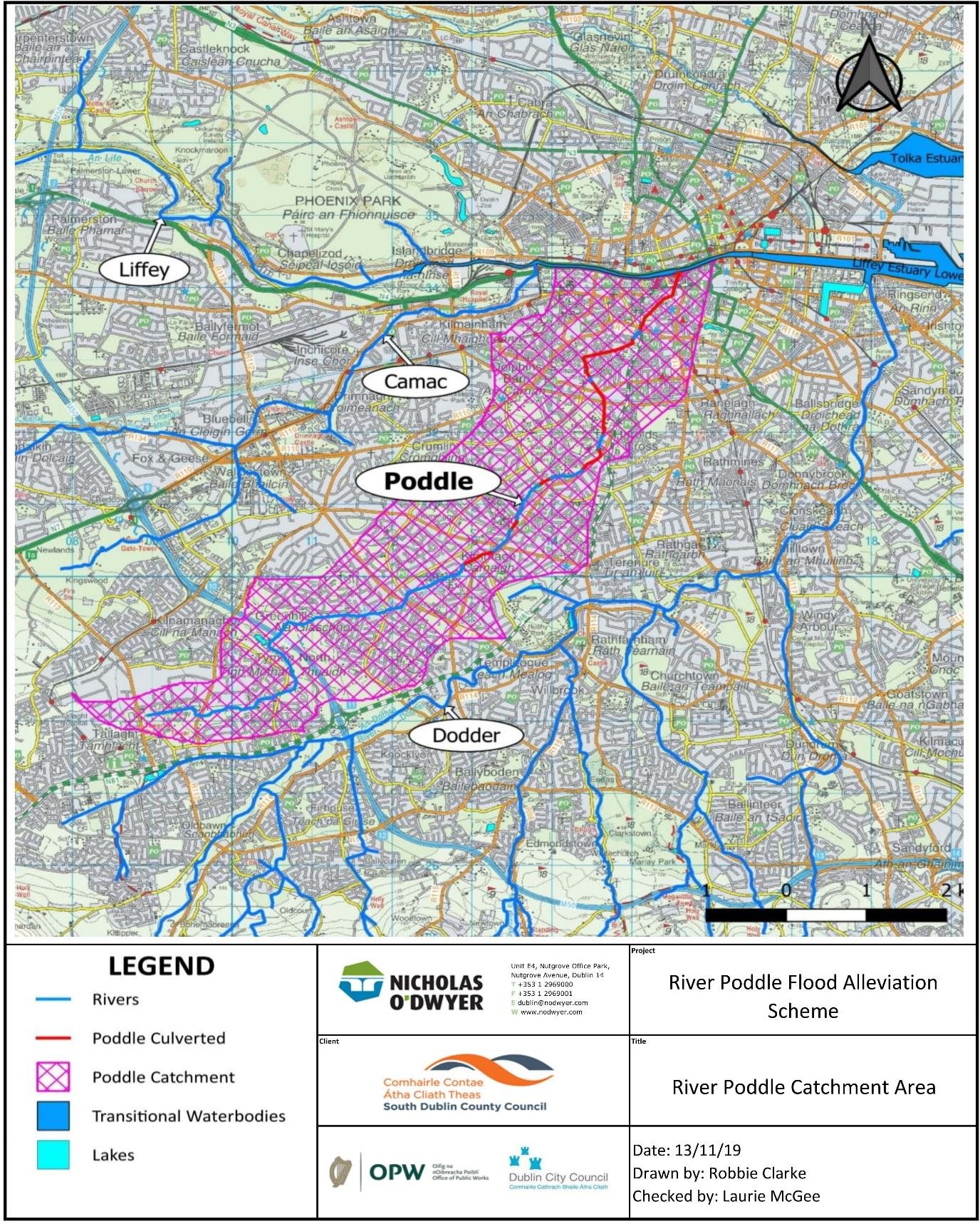 The Poddle catchment, with the culverted stretches in red. Figure 1-1, EIAR Volume 2 main report, Nicholas O’Dwyer Ltd, 2019. From the environmental impact assessment report for the River Poddle Flood Alleviation Scheme (An Bord Pleanála case 306725).