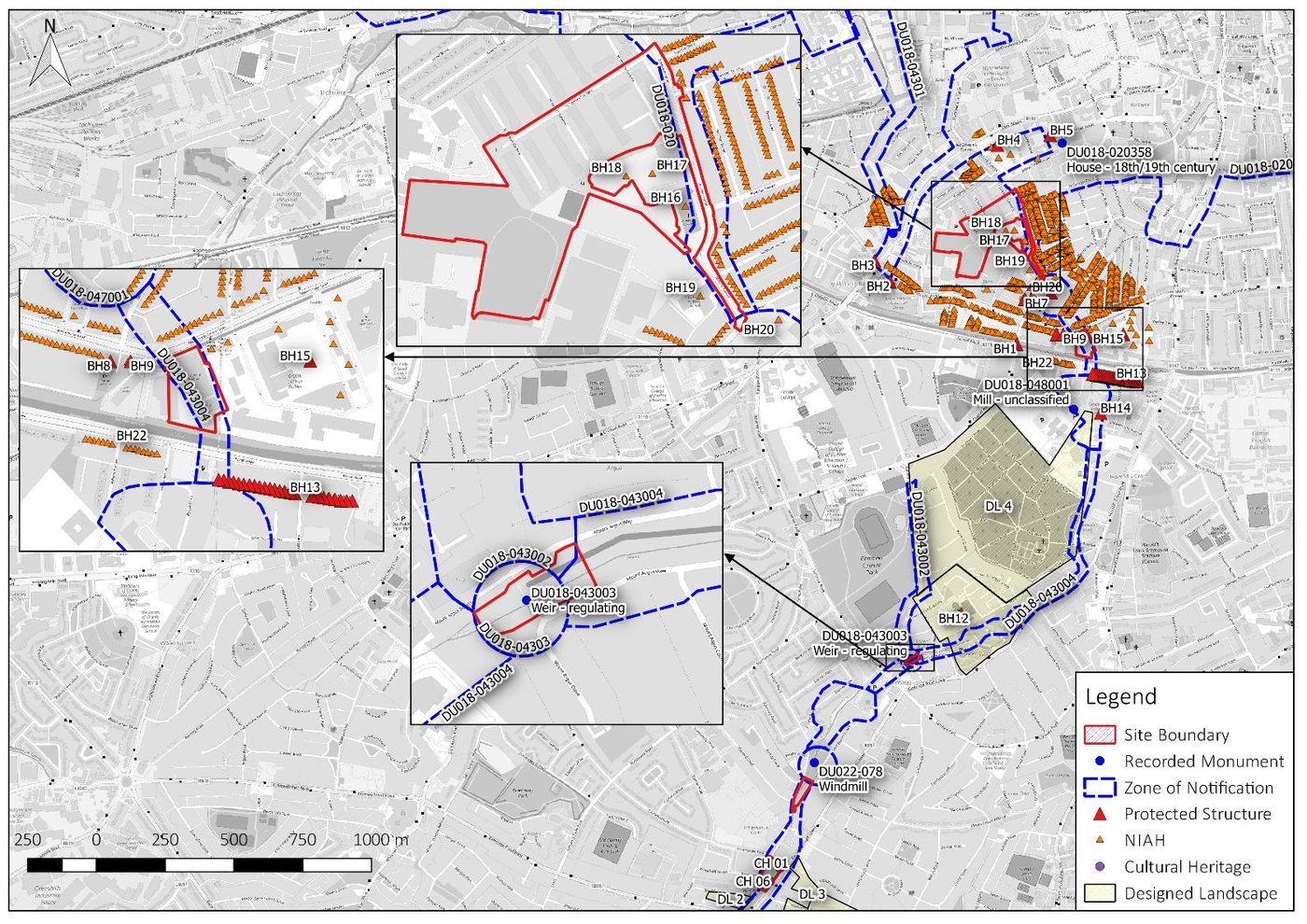 Heritage assets at the north-eastern end of the scheme. Figure 11-2, EIAR Chapter 11, Irish Archaeological Consultancy. From the environmental impact assessment report for the River Poddle Flood Alleviation Scheme (An Bord Pleanála case 306725).