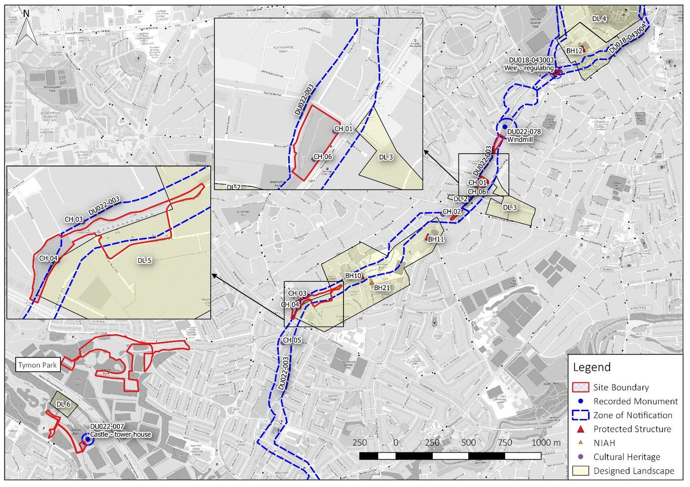 Heritage assets at the south-western end of the scheme. Figure 11-1, EIAR Chapter 11, Irish Archaeological Consultancy. From the environmental impact assessment report for the River Poddle Flood Alleviation Scheme (An Bord Pleanála case 306725).