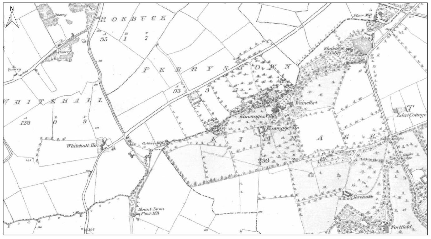 Ordnance Survey six-inch map, 1843, showing the Poddle through Kimmage, with the Mount Down flour mill at lower left. Figure 11-7. From the River Poddle flood scheme environmental impact assessment report, Chapter 11 (An Bord Pleanála case 306725).