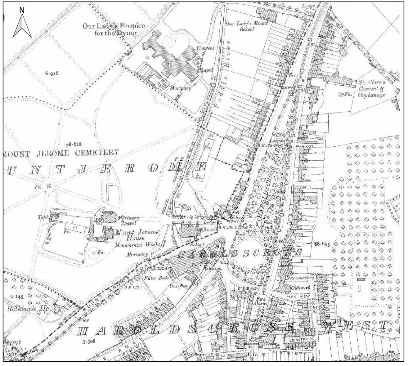 Ordnance Survey 25-inch map, 1906 to 1909, showing Mount Jerome and Harold’s Cross. Figure 11-11. From the River Poddle flood scheme environmental impact assessment report, Chapter 11 (An Bord Pleanála case 306725).