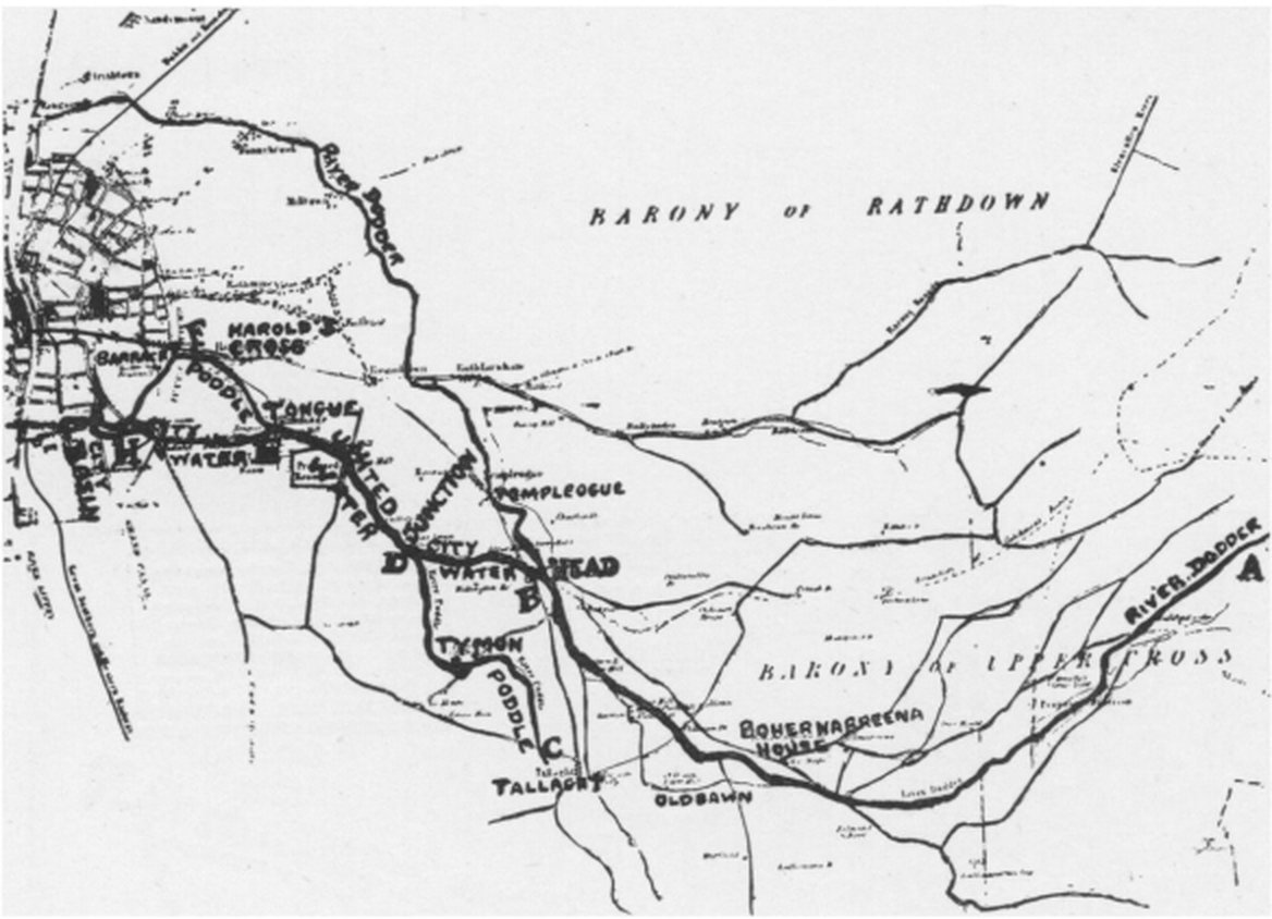 The Dodder, the Poddle and the City Water, with the weir marked “Head” (B) and the Tongue (E). Map II from Rev. Myles V. Ronan, “The Poddle River and its Branches”, Journal of the Royal Society of Antiquaries of Ireland, 1927.