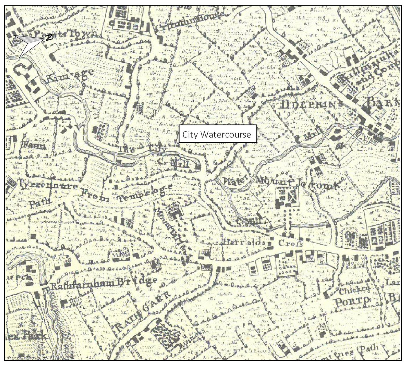 Extract from Rocque’s map of County Dublin, 1760, marking the City Watercourse. Figure 11-4, EIAR Chapter 11. From the environmental impact assessment report for the River Poddle Flood Alleviation Scheme (An Bord Pleanála case 306725).
