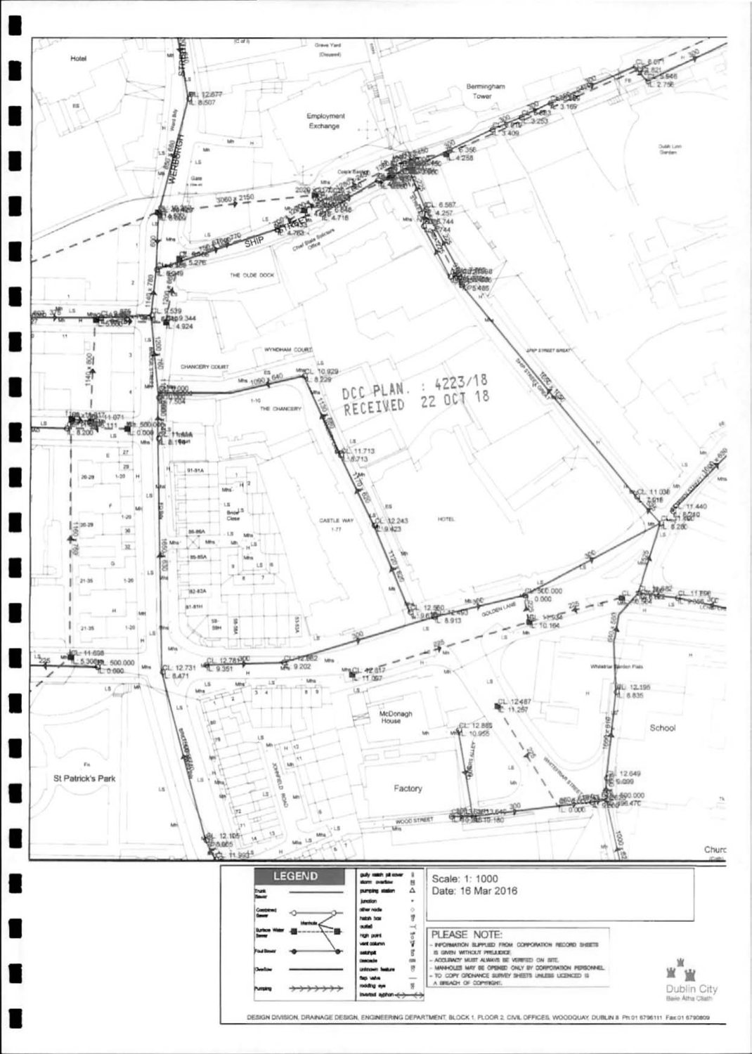 Dublin City Council drainage record sheet, scale 1:1000, 16 March 2016, around Ship Street, Chancery Lane and Golden Lane. From the Ship Street application, Dublin City Council planning ref 4223/18, received 22 October 2018. Dublin City Council Drainage Design Division, supplied without prejudice; accuracy to be verified on site.