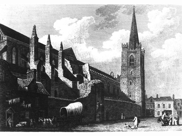 The cathedral in 1814, before the Guinness restoration. Engraving credited to James Whitelaw, public domain, via Wikimedia Commons.