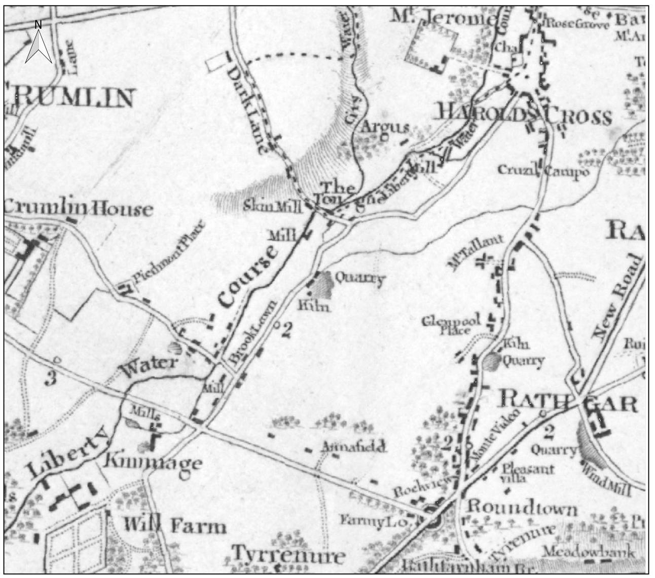 Extract from Taylor’s map of the environs of Dublin, 1816, from Kimmage to Harold’s Cross, with the Tongue. Figure 11-5, EIAR Chapter 11. From the environmental impact assessment report for the River Poddle Flood Alleviation Scheme (An Bord Pleanála case 306725).