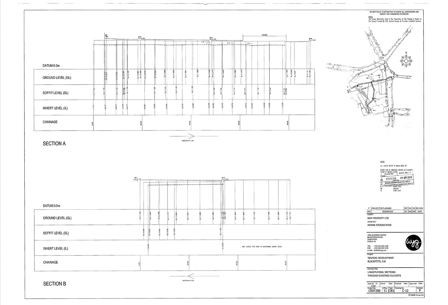 Longitudinal sections through the existing culverts, Tenters Development, Blackpitts. Drawing C-12, WYG for BAM Property Ltd, Dublin City Council planning ref 2768/09, received 9 April 2009.