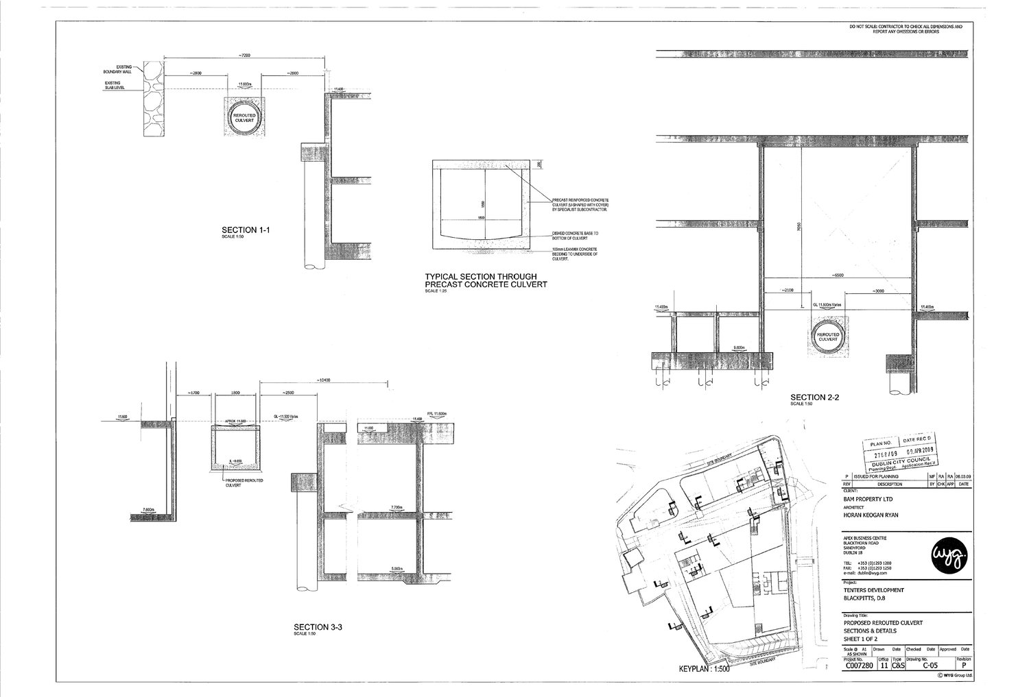 Proposed rerouted culvert, sections and details, sheet 1 of 2. Drawing C-05, WYG for BAM Property Ltd, Dublin City Council planning ref 2768/09, received 9 April 2009.